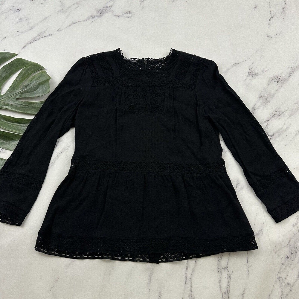 J.Crew Point Sur Lacey Top Size 8 Black Crochet Trim Peasant Bell Sleeve Lace